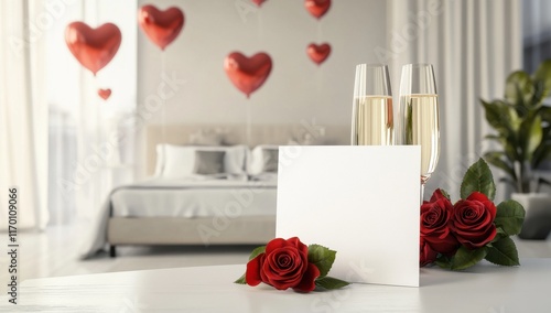 Romantic Valentine's Day Mockup: A blank card rests on a table adorned with a bouquet of red roses, champagne flutes, and heart-shaped balloons in the background.