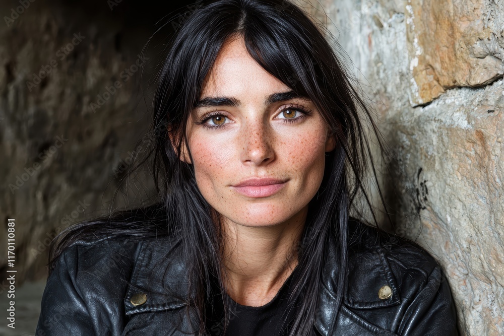 Close-up portrait of a young woman with freckles and brown eyes, wearing a black leather jacket Close-up portrait of a young woman with freckles and brown eyes, wearing a black leather jacket
