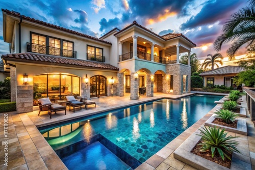 Wallpaper Mural Exquisite pool house exterior:  marble, tile, and natural stone blend seamlessly for ultimate elegance. Torontodigital.ca