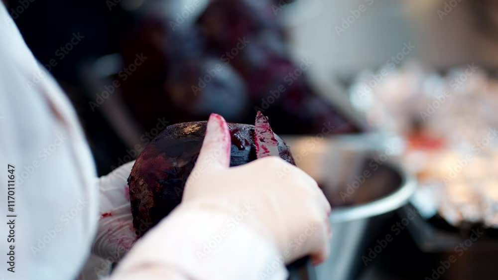Hands Peeling Beet With Paring Knife. Preparing Baked Beets In Kitchen. closeup shot Hands Peeling Beet With Paring Knife. Preparing Baked Beets In Kitchen. closeup shot