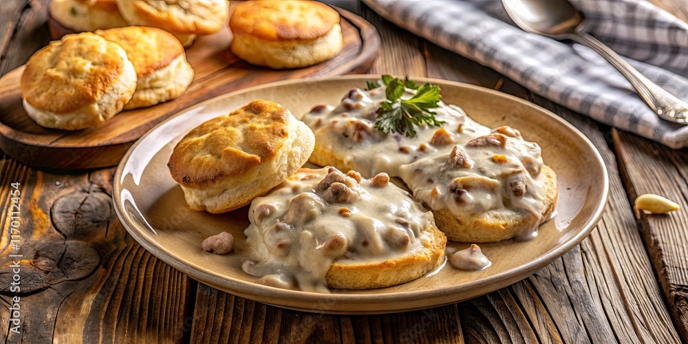 Fluffy biscuits drowned in rich gravy; a high-angle shot of culinary comfort. Fluffy biscuits drowned in rich gravy; a high-angle shot of culinary comfort.