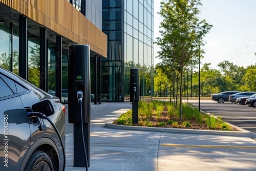 Electric vehicle charging stations corporate office parking lot professional environment employee commuting modern architecture sustainable energy