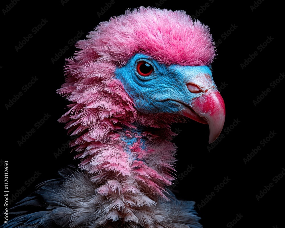 Close-up portrait of a vibrant pink and blue bird of prey against a black background Close-up portrait of a vibrant pink and blue bird of prey against a black background