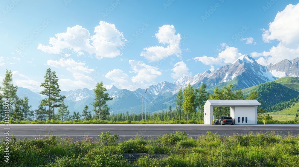 Electric vehicle charging station at highway rest stop scenic road trip ...