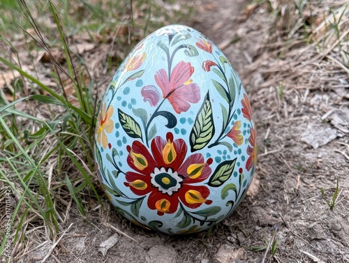 Hand-painted easter egg with floral design on grass photo