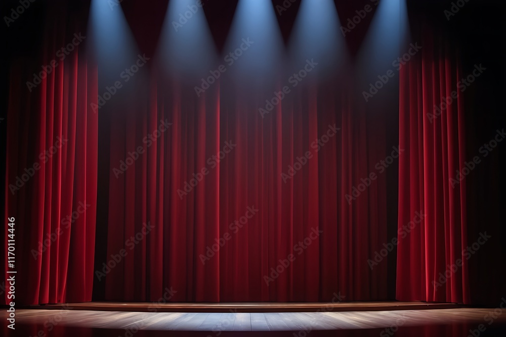 Closed theater stage with maroon red curtain with spotlight Art performance background