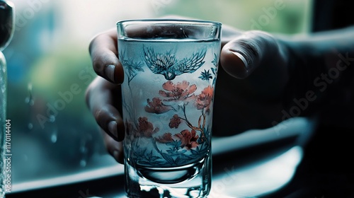 Closeup of a Hand Holding a Glass of Water with Floral Design photo