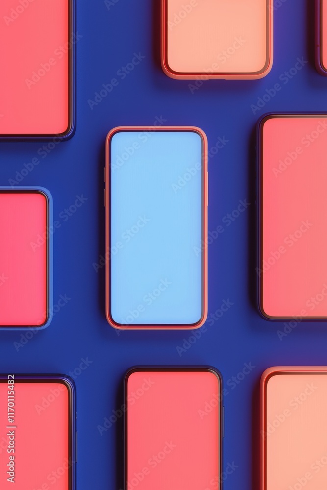 Colorful Smartphone Arrangement on Blue Background with Contrast Colorful Smartphone Arrangement on Blue Background with Contrast