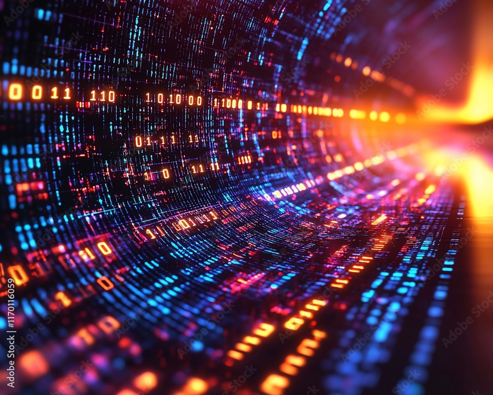 Abstract digital data stream flowing in a tunnel. Abstract digital data stream flowing in a tunnel.