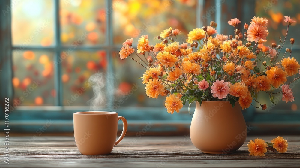 Autumnal still life orange flowers in vase, steaming mug on wooden table by window. Autumnal still life orange flowers in vase, steaming mug on wooden table by window.