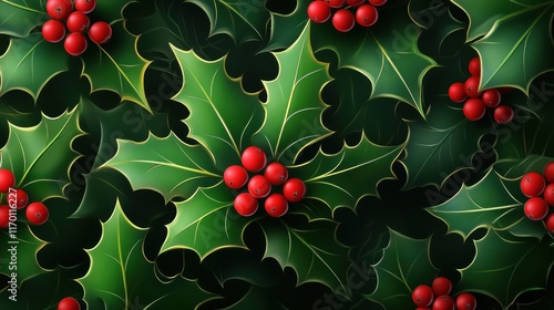 Lush green holly leaves and vibrant red berries create a festive Christmas background. photo