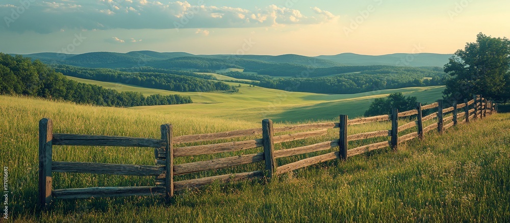 Fototapeta premium Serene Countryside Landscape: Rolling Hills and Wooden Fence