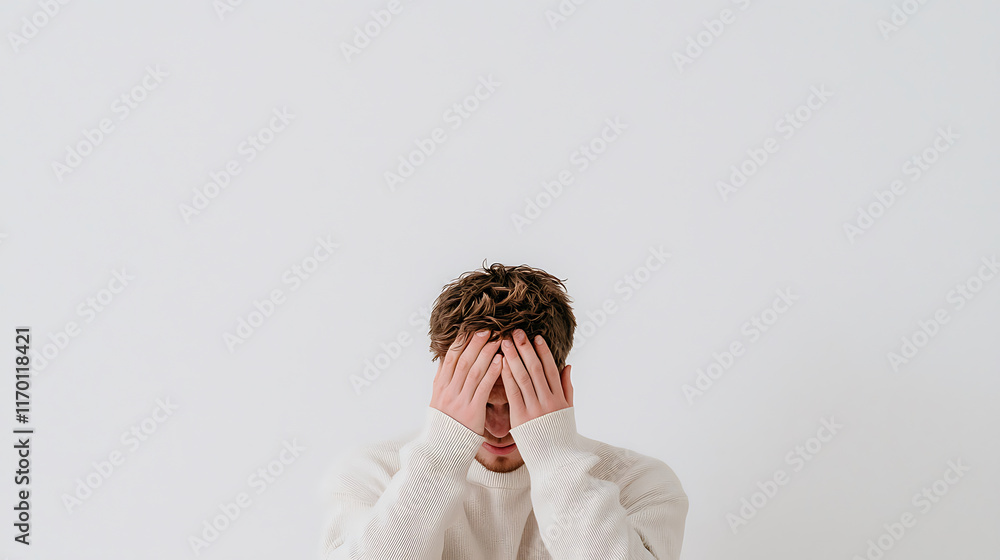 person feeling overwhelmed, covering their face with hands in minimalistic setting person feeling overwhelmed, covering their face with hands in minimalistic setting