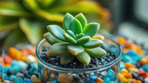 A Crassula plant in a terrarium, surrounded by colorful gravel and small decorative stones.