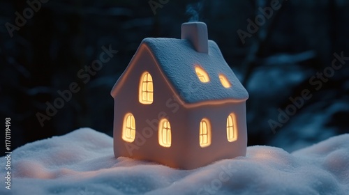 Illuminated snow-covered miniature house in winter forest. photo