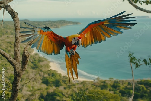 A vibrant macaw soars over a lush coastal landscape. photo