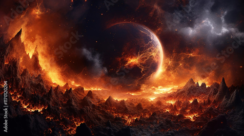 Fiery Planet Landscape: A Burning Cosmos photo