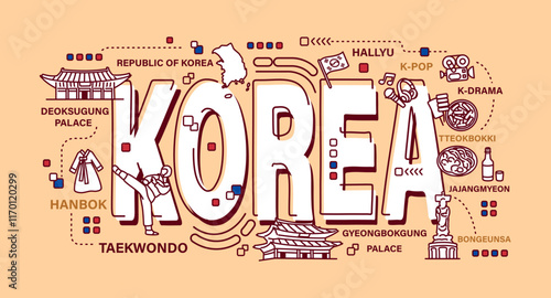 South Korea . Word and outline icon on solid color background . Vector .