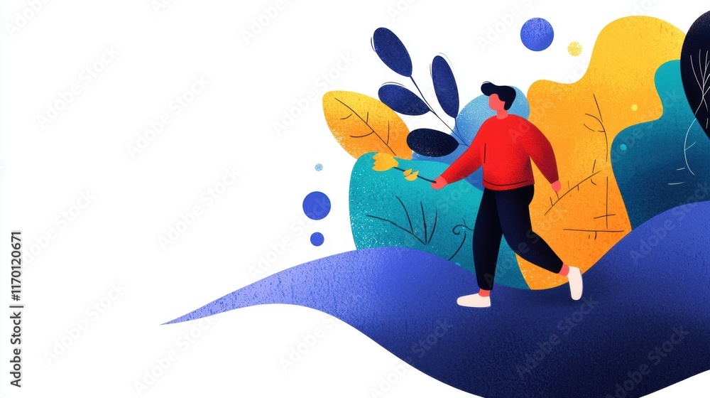 Person Walking with Nature Elements in a Colorful Abstract Scene Person Walking with Nature Elements in a Colorful Abstract Scene