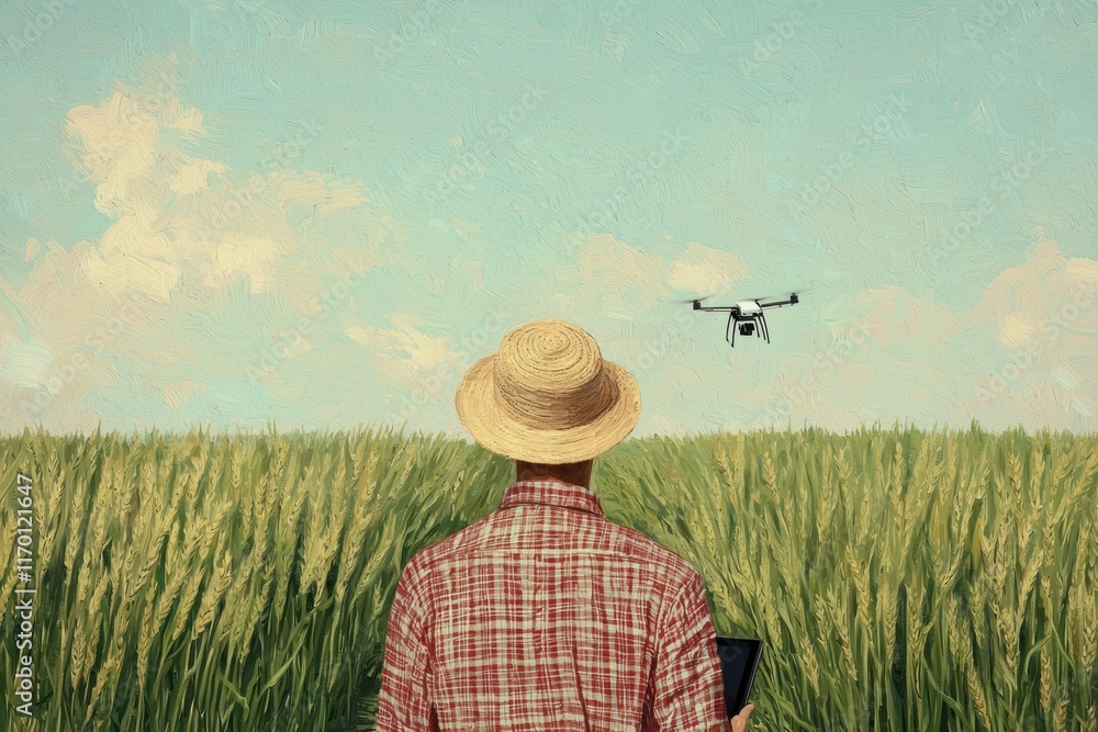 Farmer Monitoring Crops with Drone in Expansive Green Field Farmer Monitoring Crops with Drone in Expansive Green Field