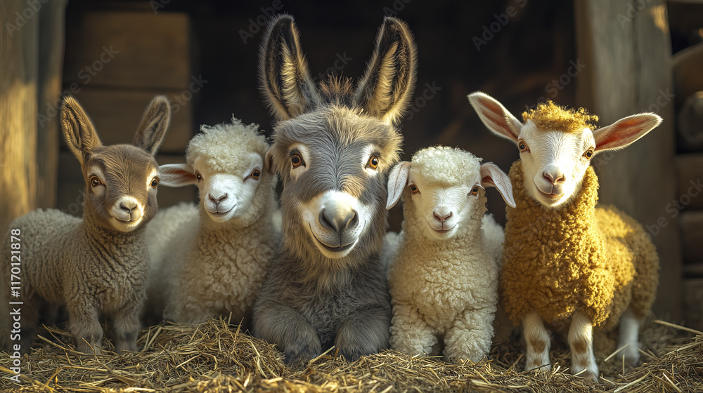 Obraz premium close knit group of animals, including donkey and fluffy sheep, exudes warmth