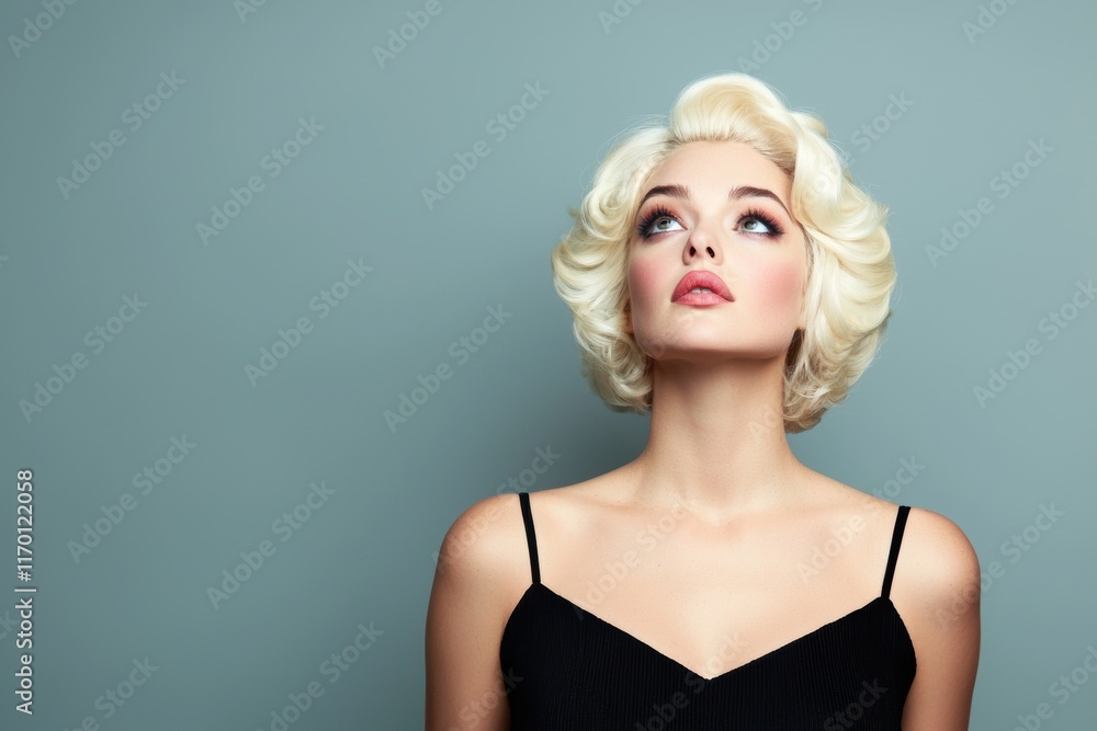 Elegant Woman with Retro Hairstyle and Classic Makeup Gazing Upward Elegant Woman with Retro Hairstyle and Classic Makeup Gazing Upward