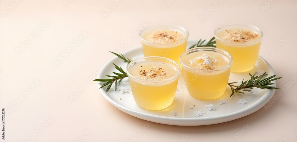 Festive Eggnog Jell-O Shots on White Plate with Decorative Touches Festive Eggnog Jell-O Shots on White Plate with Decorative Touches
