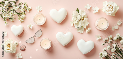 set against a light pink background. The soft, romantic color scheme and minimalist styling evoke warmth and love, perfect for a Valentine’s Day setup.


