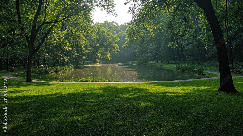 Obraz premium Serene pond in a lush green park bathed in morning sunlight.