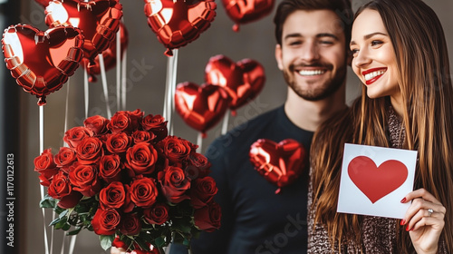 
An elegant image of a couple smiling, with one person holding a bouquet of red roses and the other holding a heart-shaped card. 