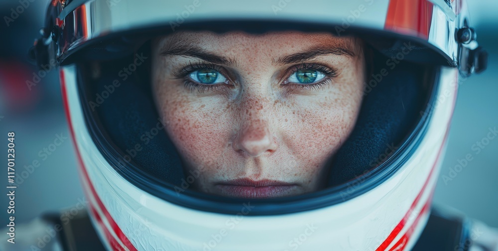 Focused Female Racer in Helmet Ready for Racing Competition Focused Female Racer in Helmet Ready for Racing Competition