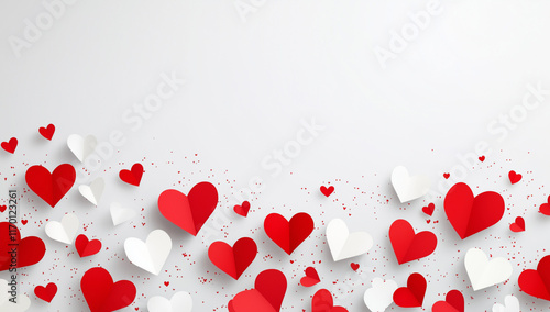 Valentine's Day background with red and white paper hearts, love concept banner design. Vector illustration. Love poster for greeting card or invitation to a party, wedding. Valentine's Day background