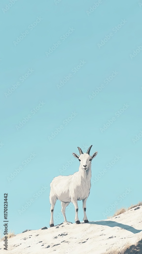 Obraz premium A lone mountain goat stands on a pale hilltop