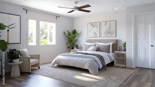 Contemporary studio bedroom interior design with a foldable Murphy bed, multi-purpose furniture, and neutral tones accented by green indoor plants. photo