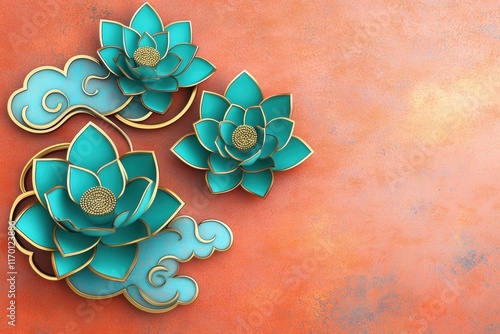 Vibrant illustration of three teal lotus flowers with golden accents, set against a warm orange background, evoking tranquility and beauty. photo