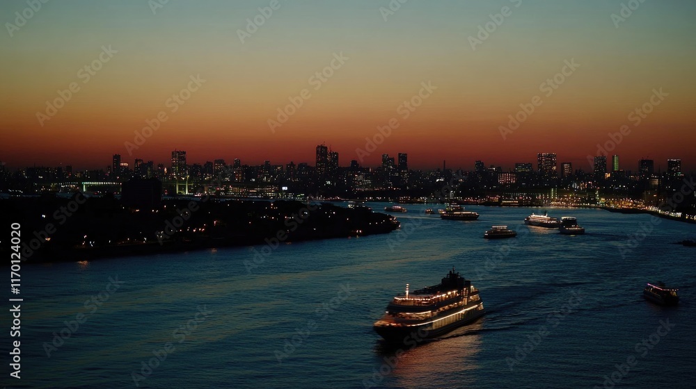 Naklejka premium A panoramic view of Tokyo Bay at sunset, with boats and city lights creating a peaceful scene.