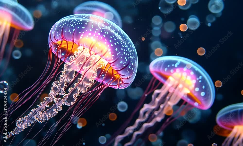 Vibrant jellyfish illuminated in a dark underwater scene, showcasing their ethereal beauty. Vibrant jellyfish illuminated in a dark underwater scene, showcasing their ethereal beauty.