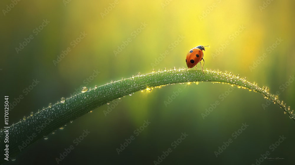 ladybug rests peacefully on dew covered blade of grass, radiating tranquility ladybug rests peacefully on dew covered blade of grass, radiating tranquility
