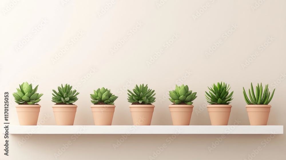 Fototapeta premium A row of Crassula plants in matching pots, arranged neatly on a minimalist white shelf with a neutral wall backdrop.