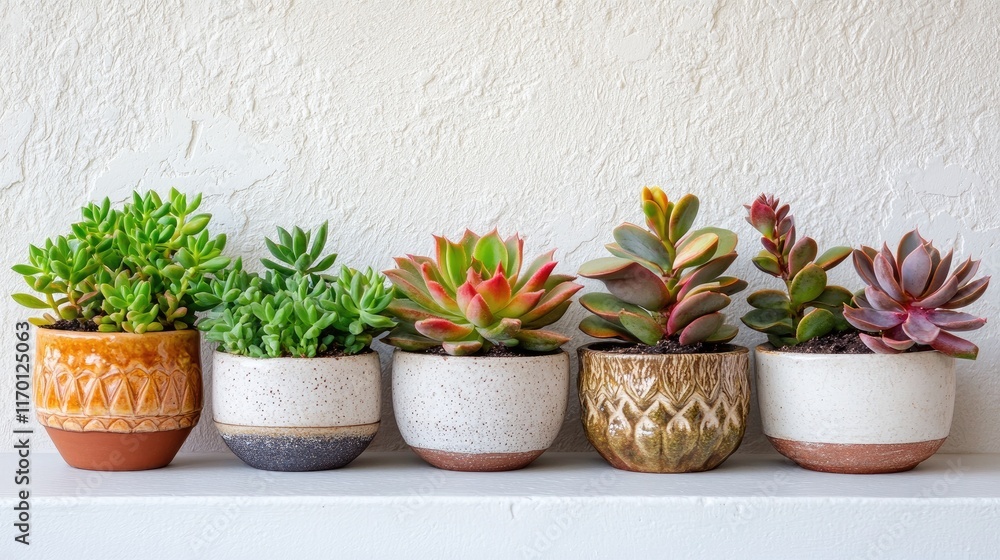 A row of Crassula plants in matching pots, arranged neatly on a minimalist white shelf with a neutral wall backdrop. A row of Crassula plants in matching pots, arranged neatly on a minimalist white shelf with a neutral wall backdrop.