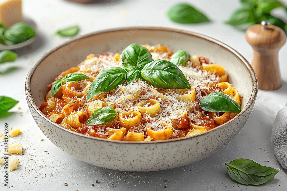 Pasta with tomato sauce, basil, and parmesan cheese. Pasta with tomato sauce, basil, and parmesan cheese.