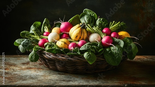 A rustic vegetable basket filled with colorful radishes, spinach, and squash, placed on a weathered stone surface.