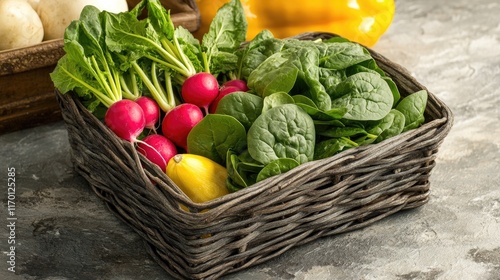 A rustic vegetable basket filled with colorful radishes, spinach, and squash, placed on a weathered stone surface.