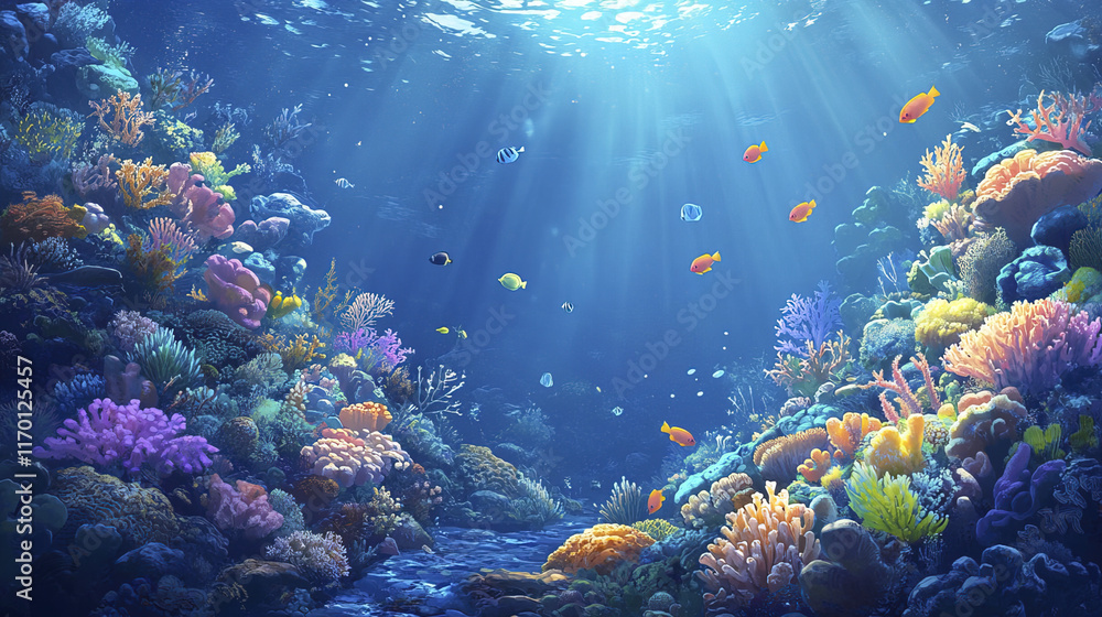Naklejka premium vibrant coral reef underwater scene filled with colorful marine life