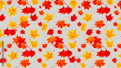 A repeating design of autumn leaves in shades of orange, yellow, and red