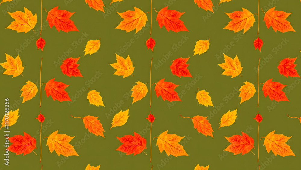 A repeating design of autumn leaves in shades of orange, yellow, and red A repeating design of autumn leaves in shades of orange, yellow, and red