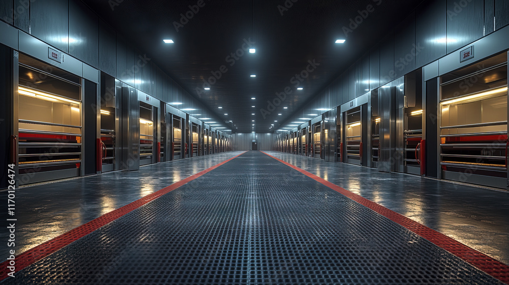 modern industrial hallway with metallic elevators and bright lights modern industrial hallway with metallic elevators and bright lights