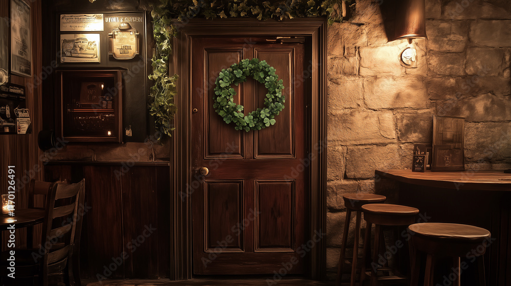An old, weathered wooden door with a shamrock wreath, symbolizing Irish hospitality and tradition. An old, weathered wooden door with a shamrock wreath, symbolizing Irish hospitality and tradition.