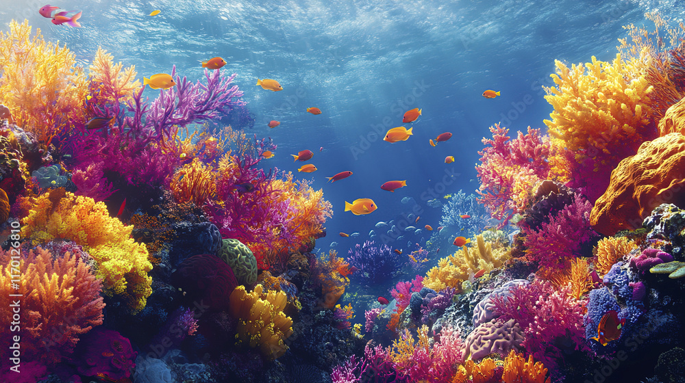Naklejka premium vibrant coral reef teeming with colorful fish and marine life