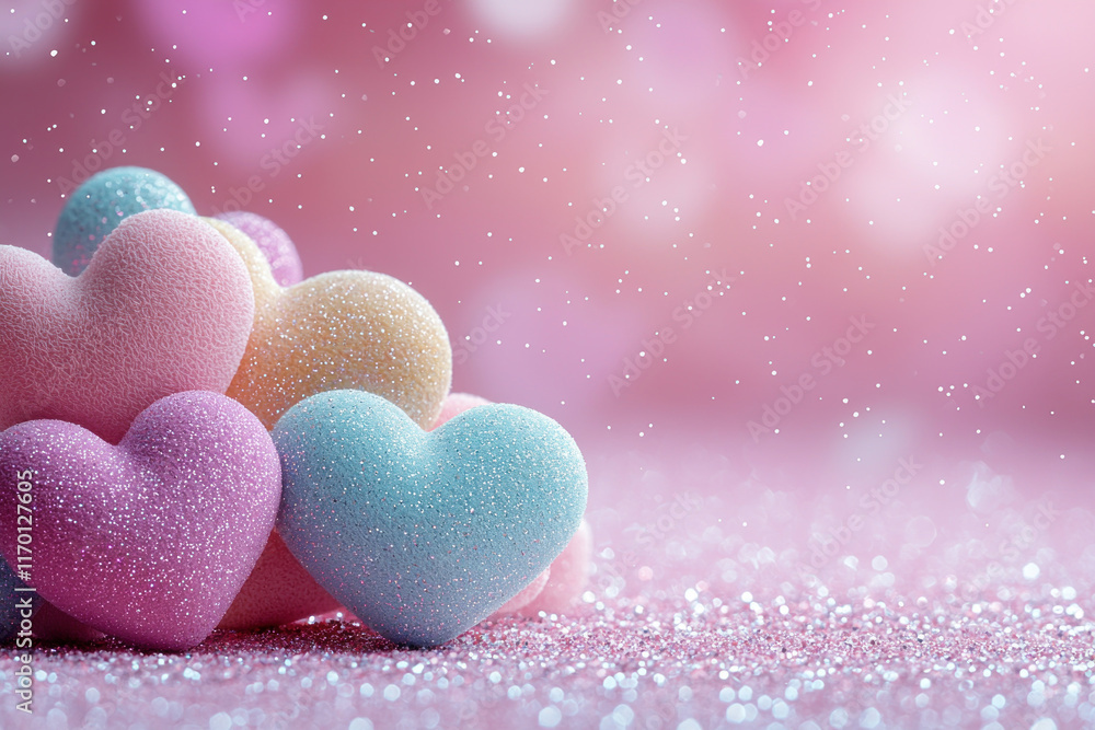 Obraz premium Pastel candy hearts on pink glitter, Valentine's Day.